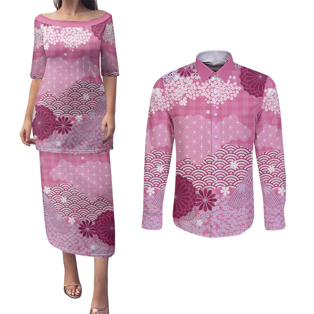Pink Palaka Japanese Patterns Couples Matching Puletasi and Long Sleeve Button Shirt Asanoha Seigaiha Sakura Motif - Polynesian Pride