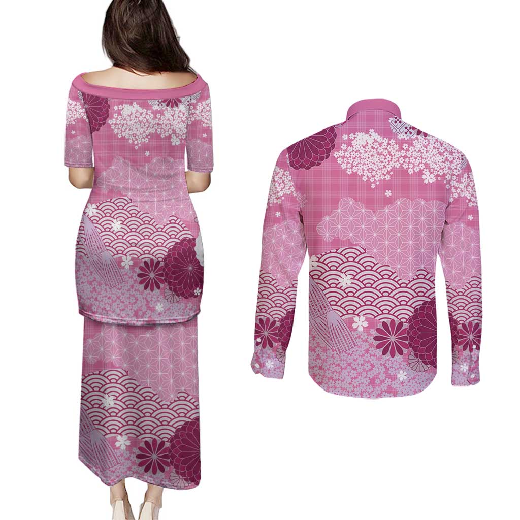 Pink Palaka Japanese Patterns Couples Matching Puletasi and Long Sleeve Button Shirt Asanoha Seigaiha Sakura Motif - Polynesian Pride
