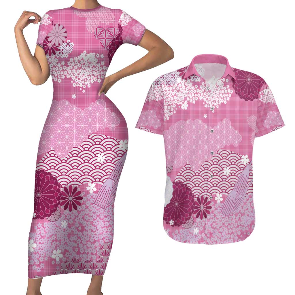 Pink Palaka Japanese Patterns Couples Matching Short Sleeve Bodycon Dress and Hawaiian Shirt Asanoha Seigaiha Sakura Motif - Polynesian Pride