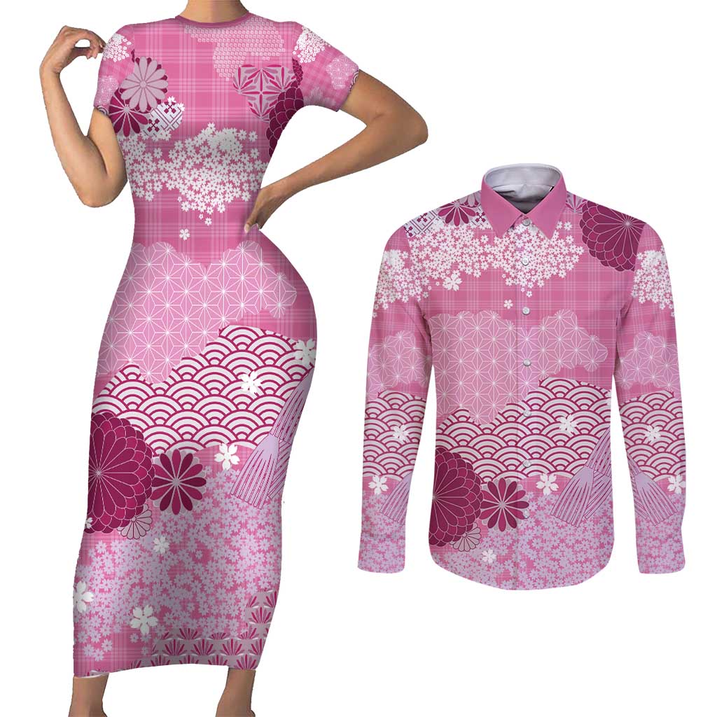 Pink Palaka Japanese Patterns Couples Matching Short Sleeve Bodycon Dress and Long Sleeve Button Shirt Asanoha Seigaiha Sakura Motif - Polynesian Pride