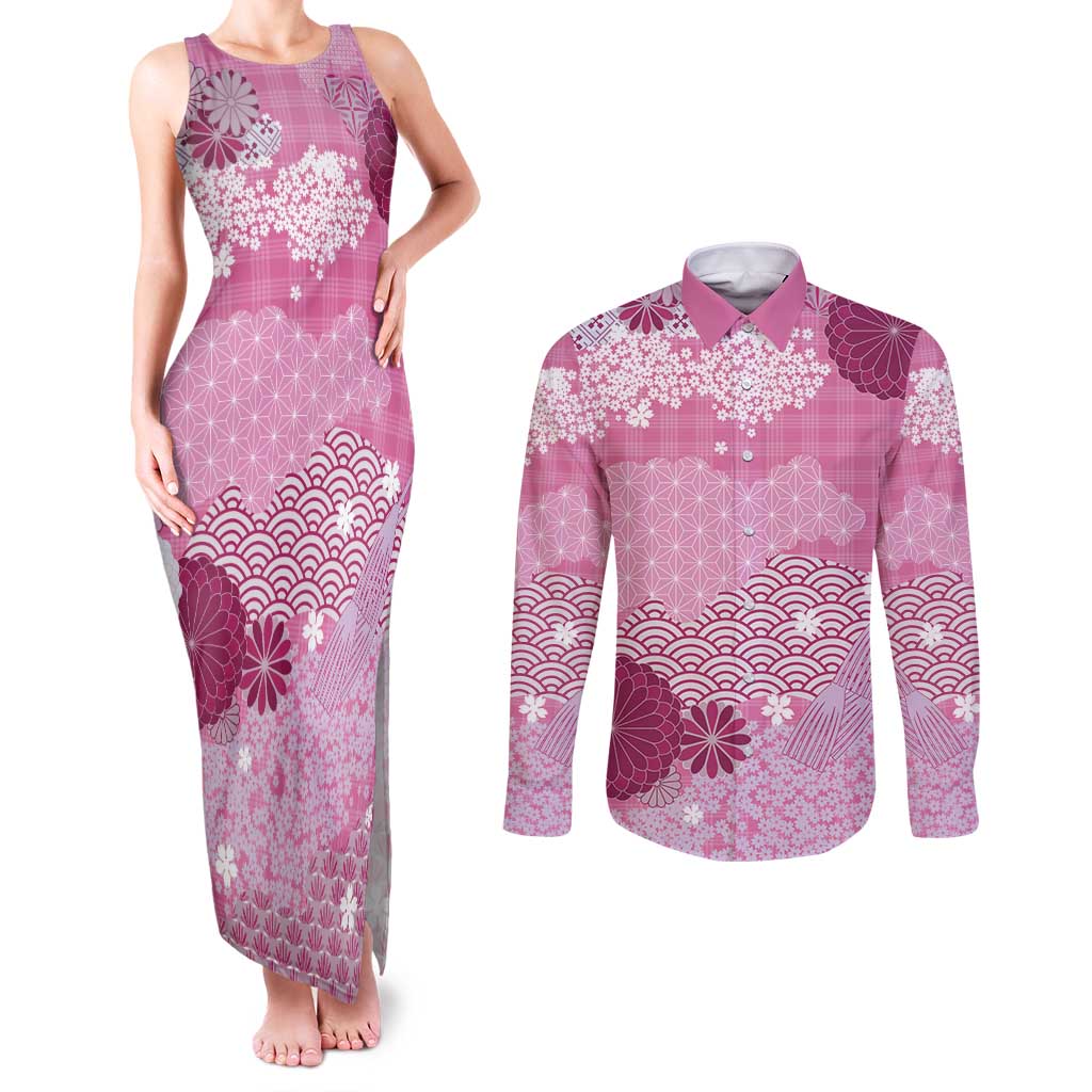 Pink Palaka Japanese Patterns Couples Matching Tank Maxi Dress and Long Sleeve Button Shirt Asanoha Seigaiha Sakura Motif - Polynesian Pride