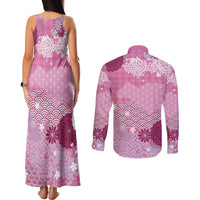 Pink Palaka Japanese Patterns Couples Matching Tank Maxi Dress and Long Sleeve Button Shirt Asanoha Seigaiha Sakura Motif - Polynesian Pride
