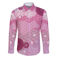 Pink Palaka Japanese Patterns Family Matching Long Sleeve Bodycon Dress and Hawaiian Shirt Asanoha Seigaiha Sakura Motif LT14 Dad's Shirt - Long Sleeve Pink - Polynesian Pride
