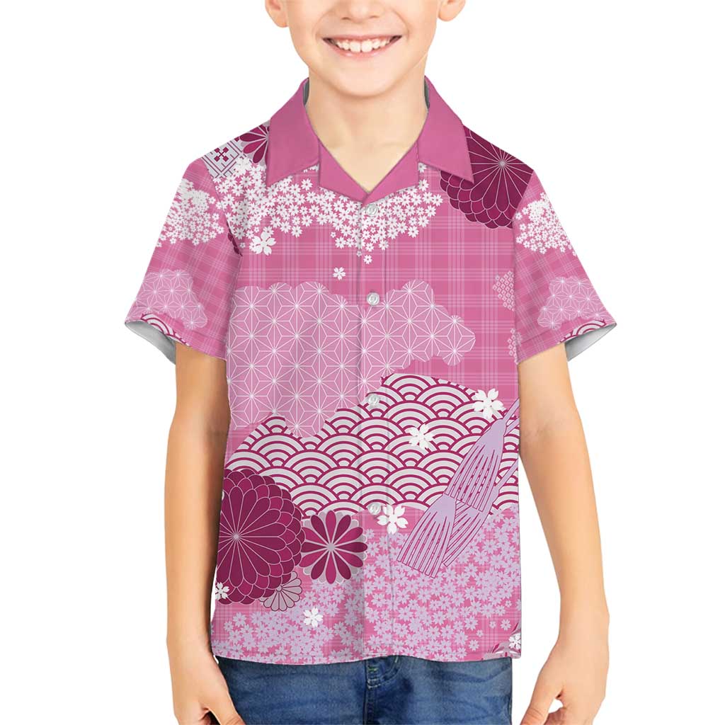 Pink Palaka Japanese Patterns Family Matching Long Sleeve Bodycon Dress and Hawaiian Shirt Asanoha Seigaiha Sakura Motif LT14 Son's Shirt Pink - Polynesian Pride