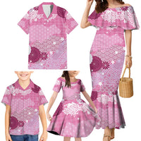 Pink Palaka Japanese Patterns Family Matching Mermaid Dress and Hawaiian Shirt Asanoha Seigaiha Sakura Motif - Polynesian Pride