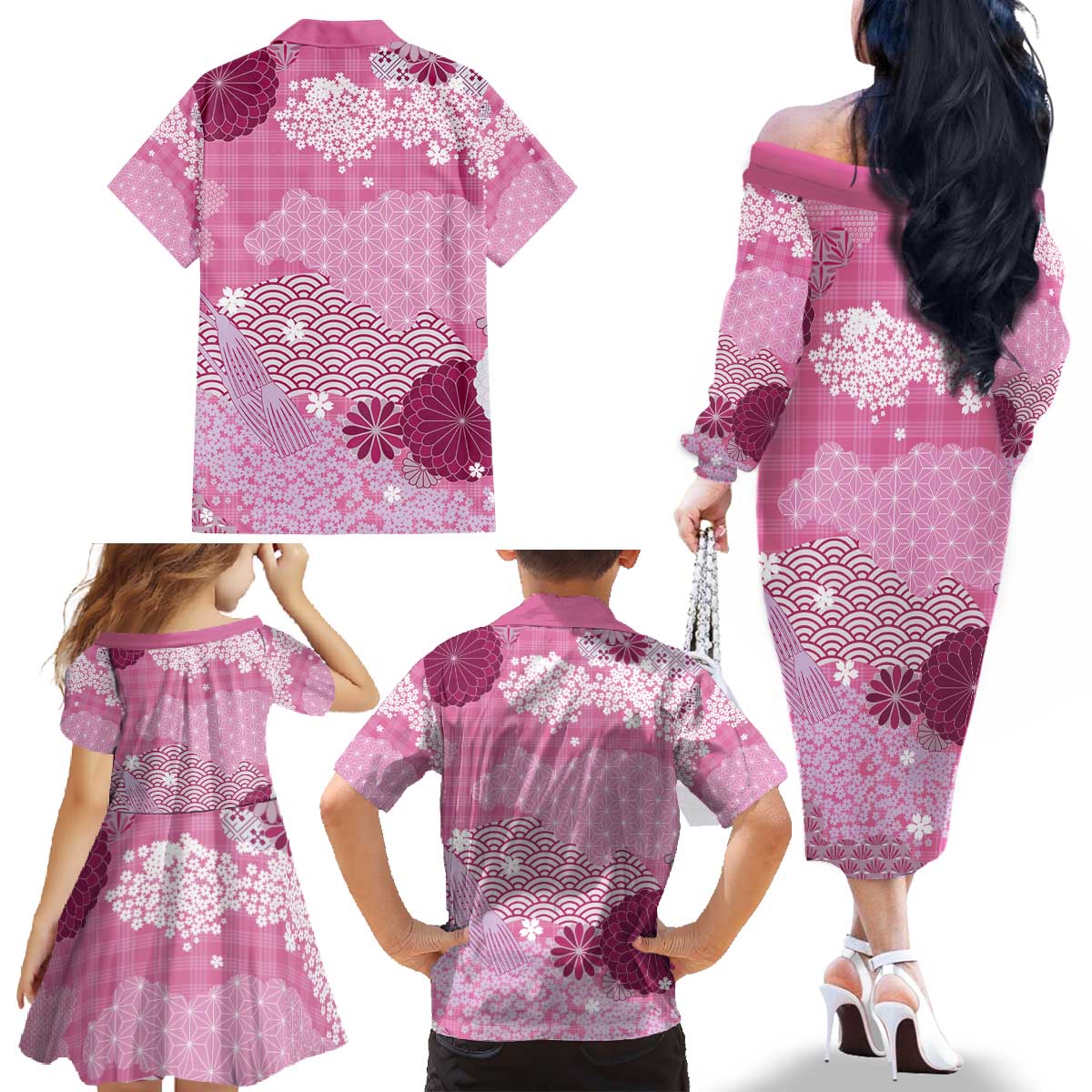 Pink Palaka Japanese Patterns Family Matching Off The Shoulder Long Sleeve Dress and Hawaiian Shirt Asanoha Seigaiha Sakura Motif - Polynesian Pride