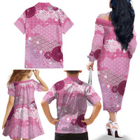 Pink Palaka Japanese Patterns Family Matching Off The Shoulder Long Sleeve Dress and Hawaiian Shirt Asanoha Seigaiha Sakura Motif - Polynesian Pride