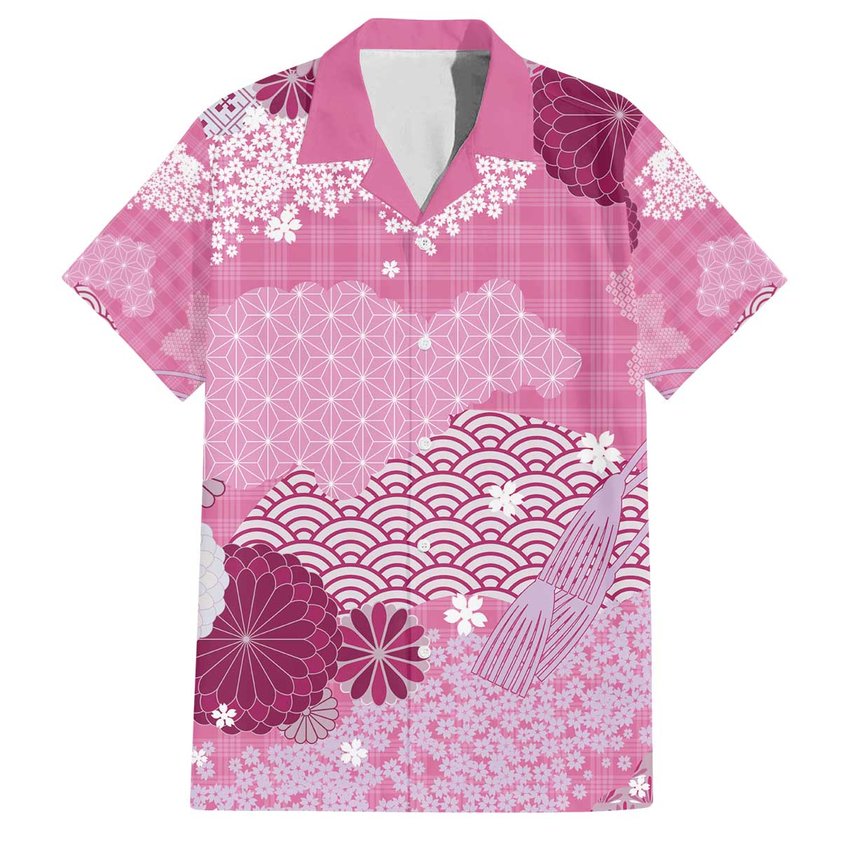 Pink Palaka Japanese Patterns Family Matching Off The Shoulder Long Sleeve Dress and Hawaiian Shirt Asanoha Seigaiha Sakura Motif - Polynesian Pride