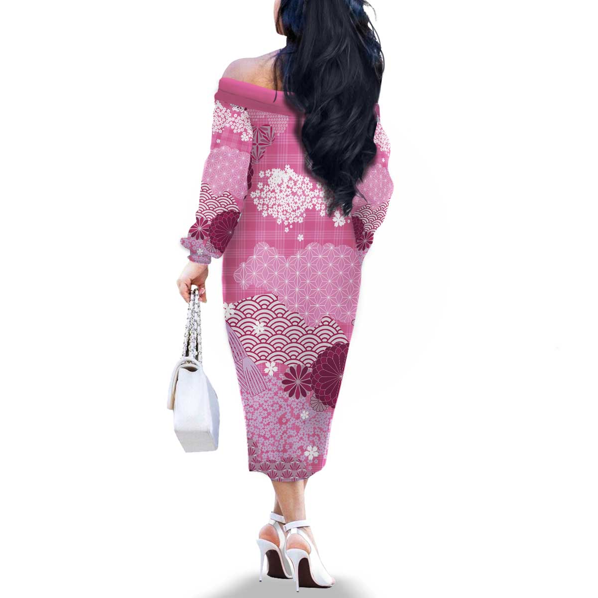 Pink Palaka Japanese Patterns Family Matching Off The Shoulder Long Sleeve Dress and Hawaiian Shirt Asanoha Seigaiha Sakura Motif - Polynesian Pride