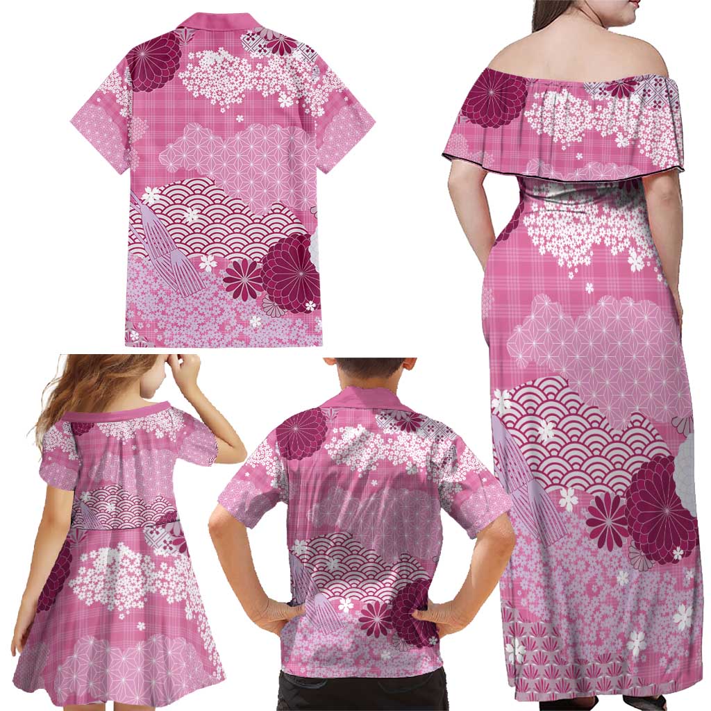 Pink Palaka Japanese Patterns Family Matching Off Shoulder Maxi Dress and Hawaiian Shirt Asanoha Seigaiha Sakura Motif - Polynesian Pride