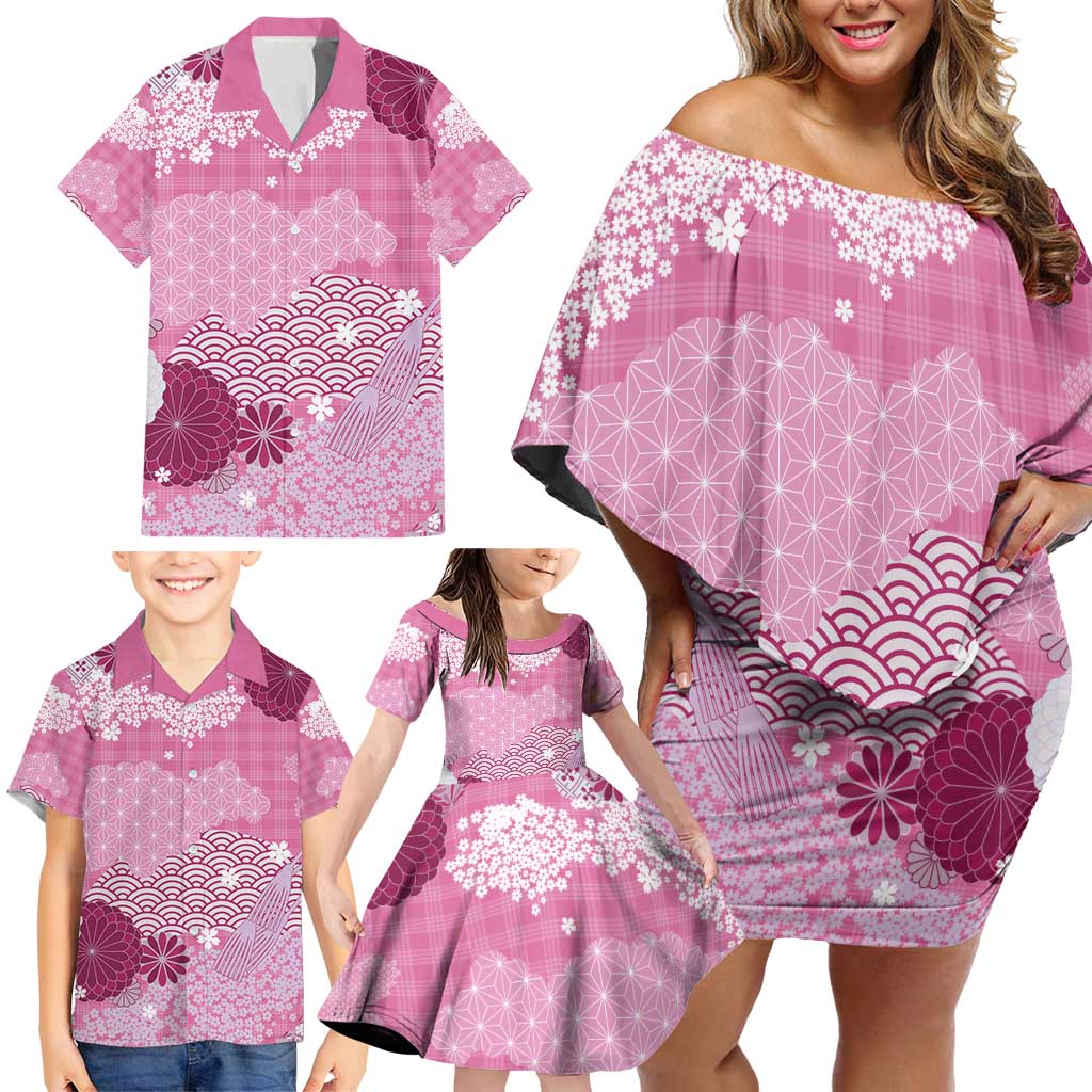 Pink Palaka Japanese Patterns Family Matching Off Shoulder Short Dress and Hawaiian Shirt Asanoha Seigaiha Sakura Motif - Polynesian Pride