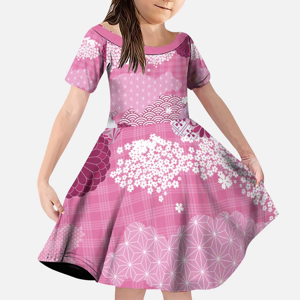 Pink Palaka Japanese Patterns Family Matching Puletasi and Hawaiian Shirt Asanoha Seigaiha Sakura Motif - Polynesian Pride