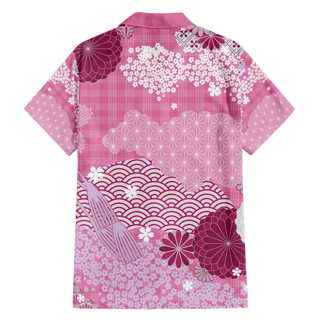 Pink Palaka Japanese Patterns Family Matching Short Sleeve Bodycon Dress and Hawaiian Shirt Asanoha Seigaiha Sakura Motif - Polynesian Pride