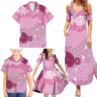 Pink Palaka Japanese Patterns Family Matching Summer Maxi Dress and Hawaiian Shirt Asanoha Seigaiha Sakura Motif - Polynesian Pride