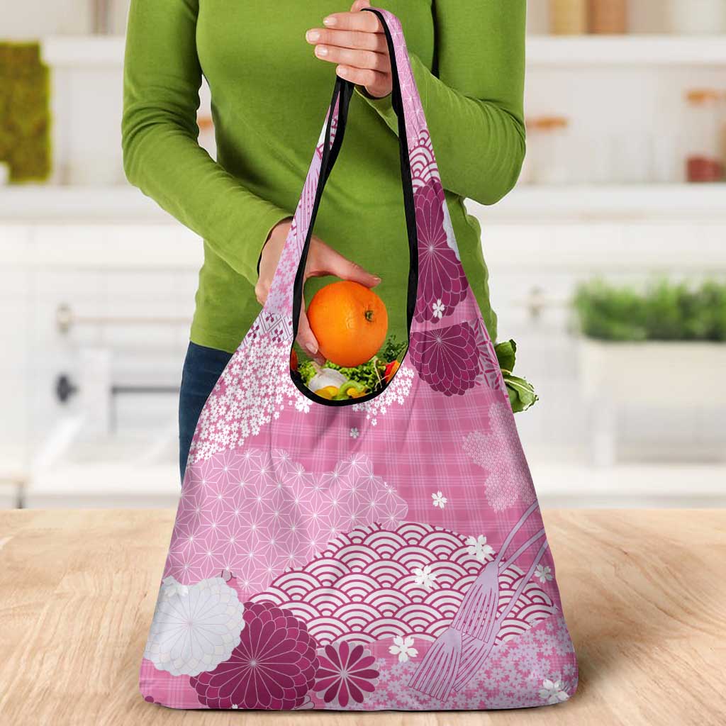 Pink Palaka Japanese Patterns Grocery Bag Asanoha Seigaiha Sakura Motif - Polynesian Pride