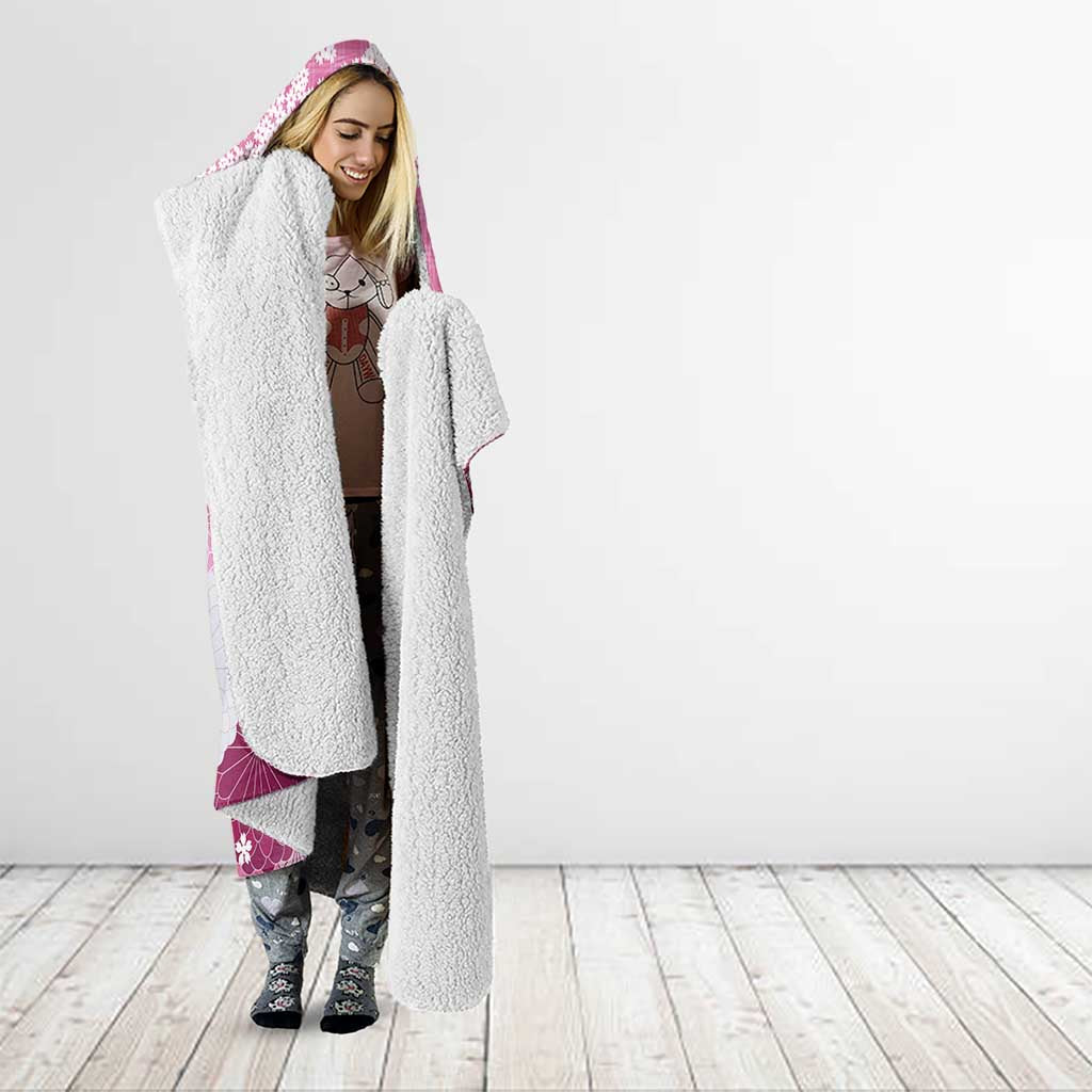 Pink Palaka Japanese Patterns Hooded Blanket Asanoha Seigaiha Sakura Motif - Polynesian Pride