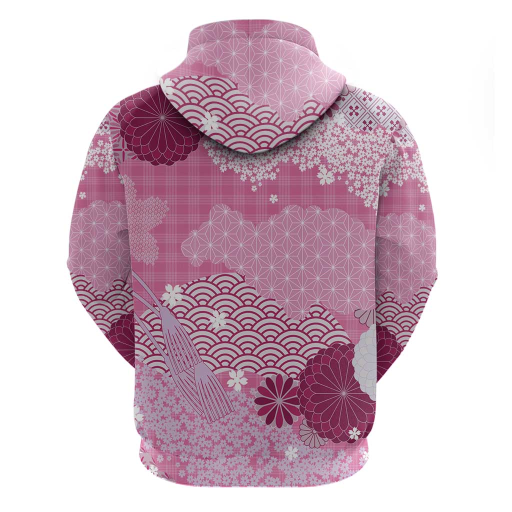 Pink Palaka Japanese Patterns Hoodie Asanoha Seigaiha Sakura Motif - Polynesian Pride