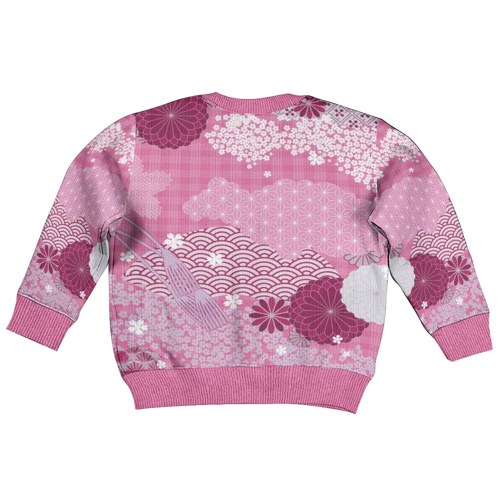 Pink Palaka Japanese Patterns Kid Ugly Christmas Sweater Asanoha Seigaiha Sakura Motif - Polynesian Pride