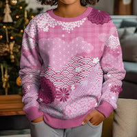 Pink Palaka Japanese Patterns Kid Ugly Christmas Sweater Asanoha Seigaiha Sakura Motif - Polynesian Pride