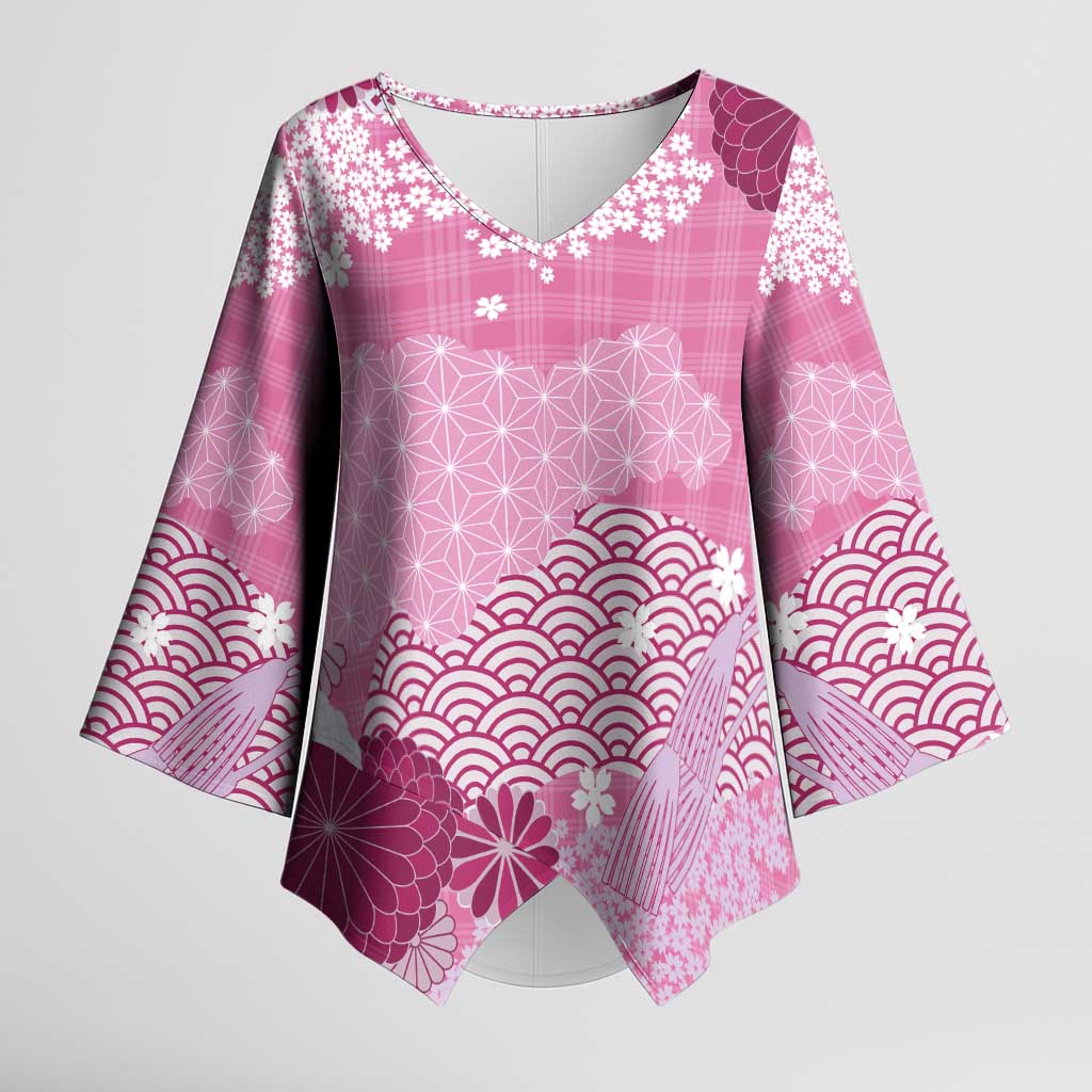 Pink Palaka Japanese Patterns Kimono Sleeve Blouse Asanoha Seigaiha Sakura Motif - Polynesian Pride