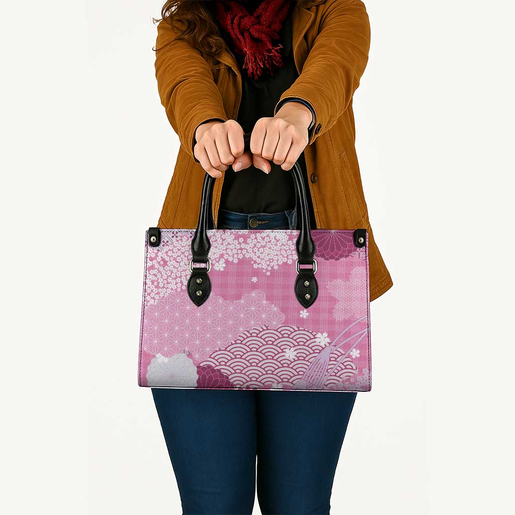 Pink Palaka Japanese Patterns Leather Bag Asanoha Seigaiha Sakura Motif - Polynesian Pride