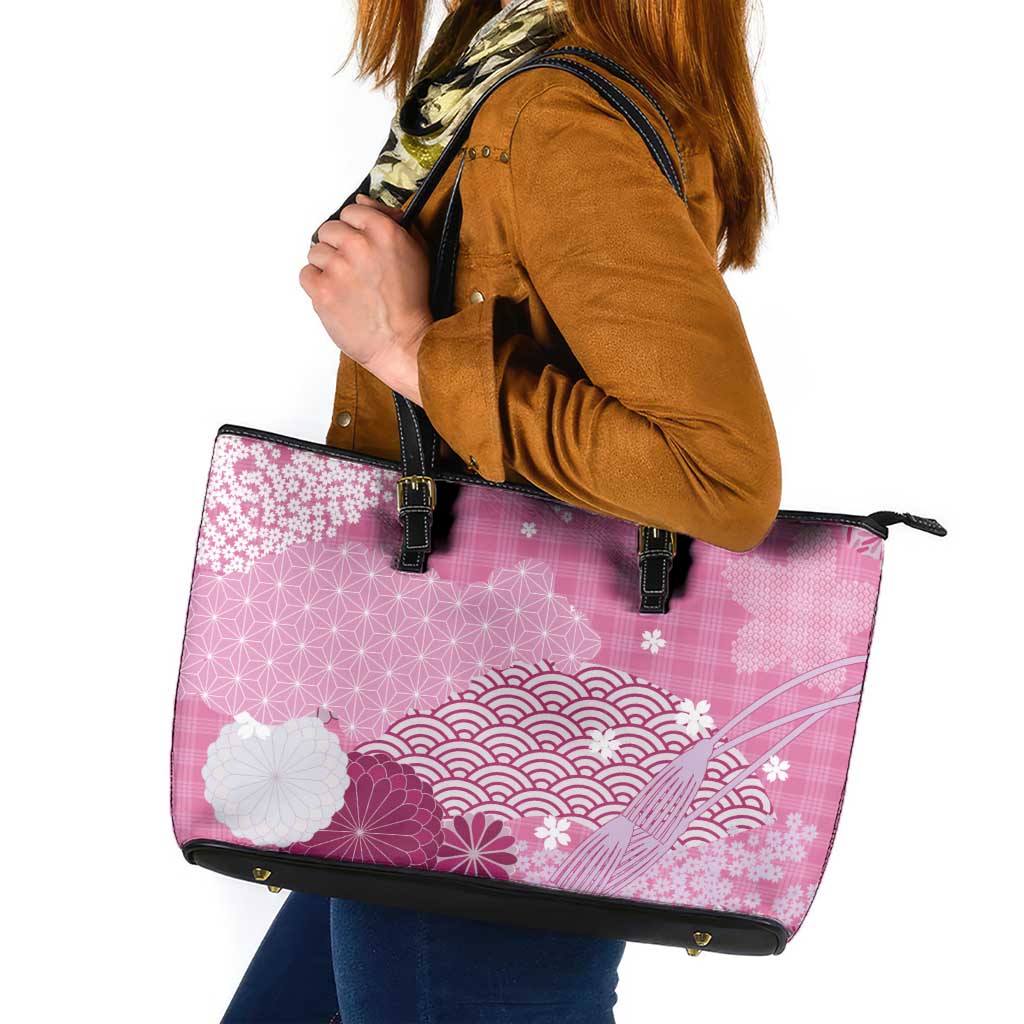 Pink Palaka Japanese Patterns Leather Tote Bag Asanoha Seigaiha Sakura Motif - Polynesian Pride