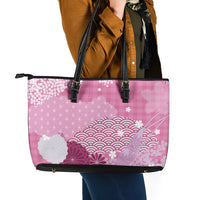 Pink Palaka Japanese Patterns Leather Tote Bag Asanoha Seigaiha Sakura Motif LT14 - Polynesian Pride