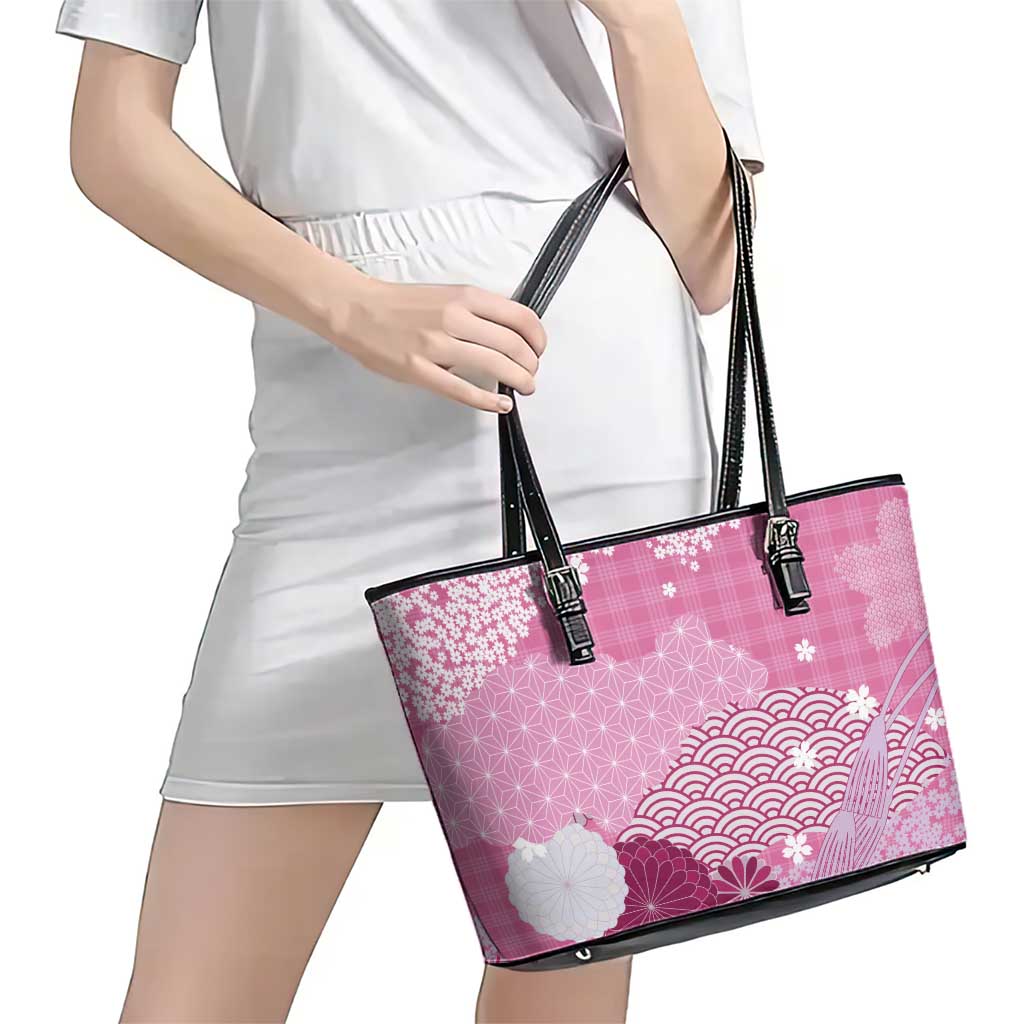 Pink Palaka Japanese Patterns Leather Tote Bag Asanoha Seigaiha Sakura Motif LT14 - Polynesian Pride