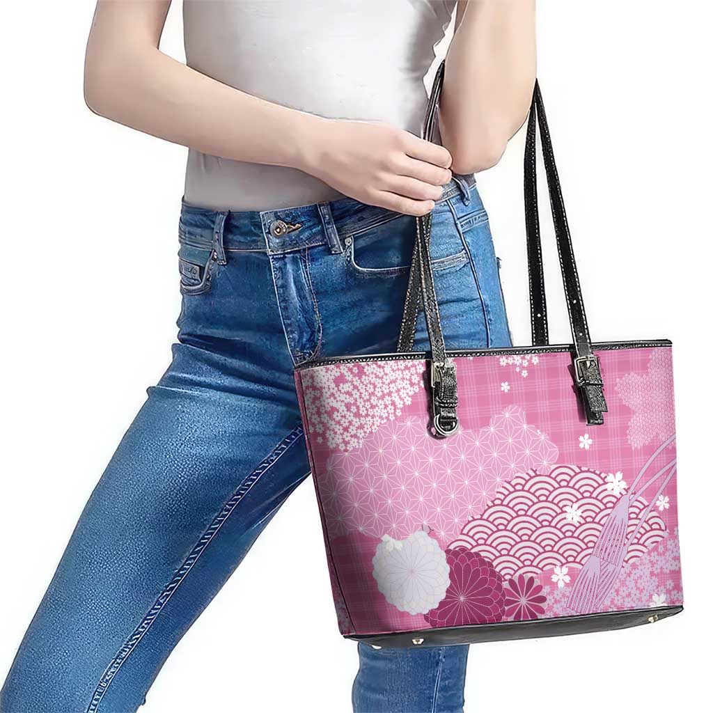 Pink Palaka Japanese Patterns Leather Tote Bag Asanoha Seigaiha Sakura Motif LT14 - Polynesian Pride