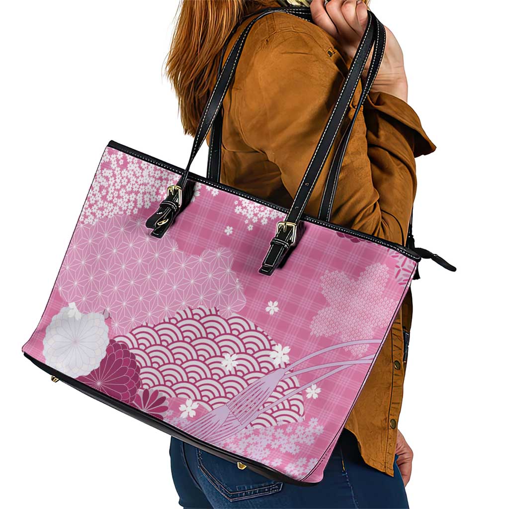Pink Palaka Japanese Patterns Leather Tote Bag Asanoha Seigaiha Sakura Motif LT14 - Polynesian Pride