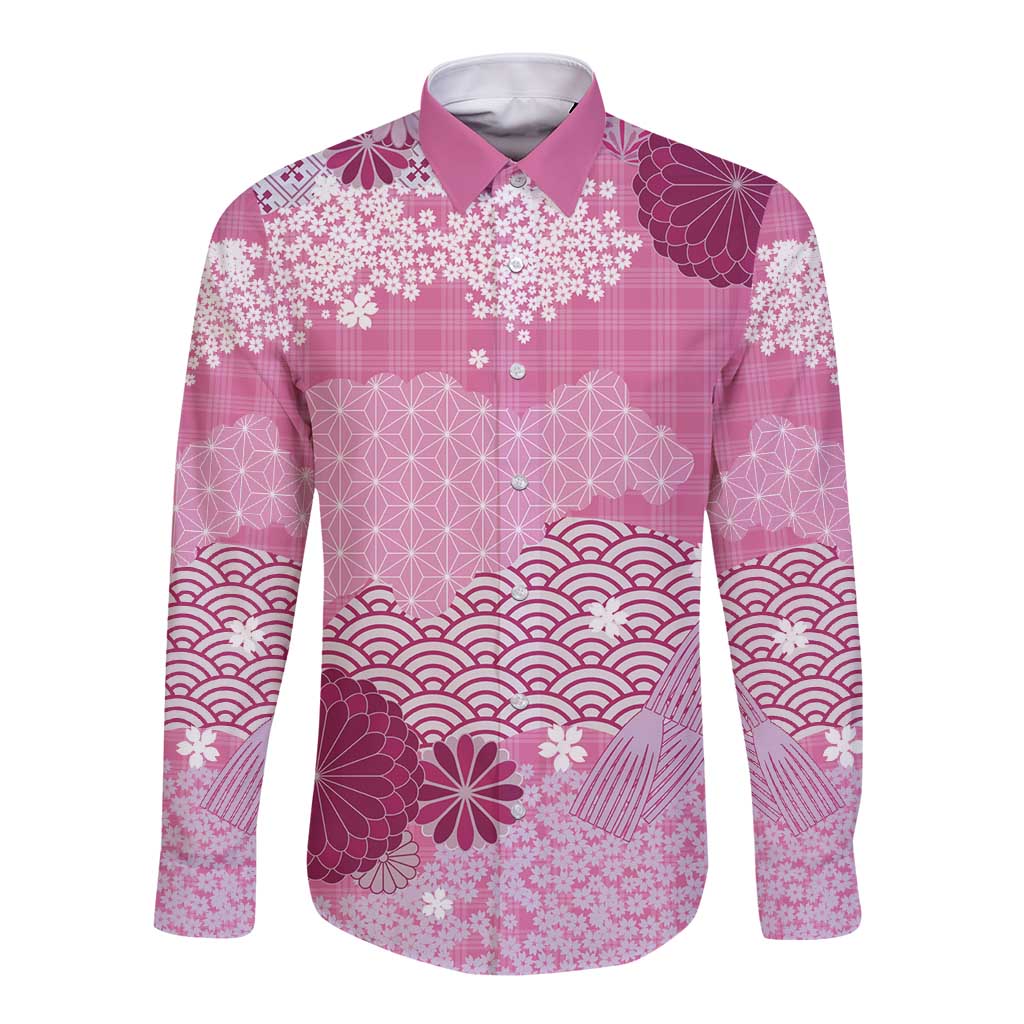 Pink Palaka Japanese Patterns Long Sleeve Button Shirt Asanoha Seigaiha Sakura Motif - Polynesian Pride