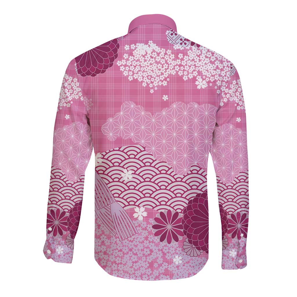 Pink Palaka Japanese Patterns Long Sleeve Button Shirt Asanoha Seigaiha Sakura Motif - Polynesian Pride