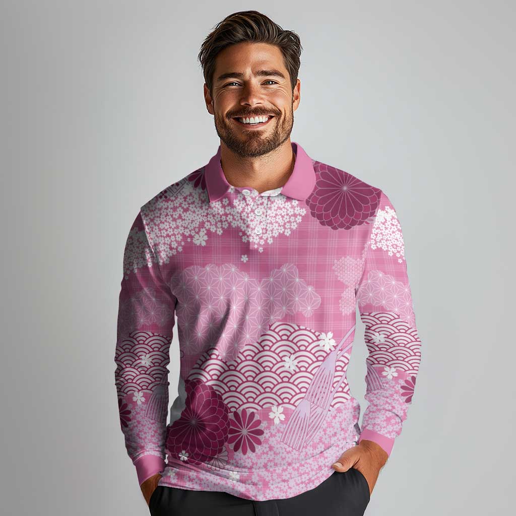 Pink Palaka Japanese Patterns Long Sleeve Polo Shirt Asanoha Seigaiha Sakura Motif - Polynesian Pride