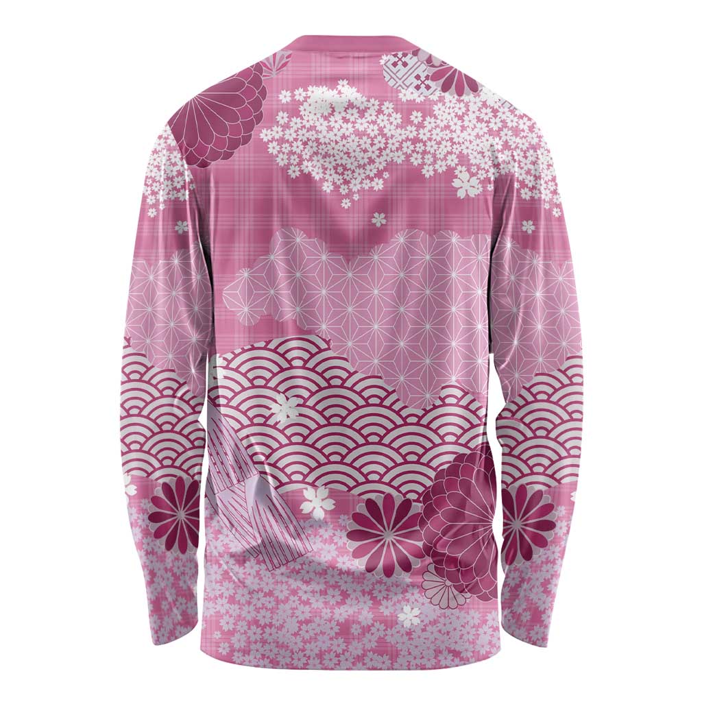 Pink Palaka Japanese Patterns Long Sleeve Shirt Asanoha Seigaiha Sakura Motif - Polynesian Pride