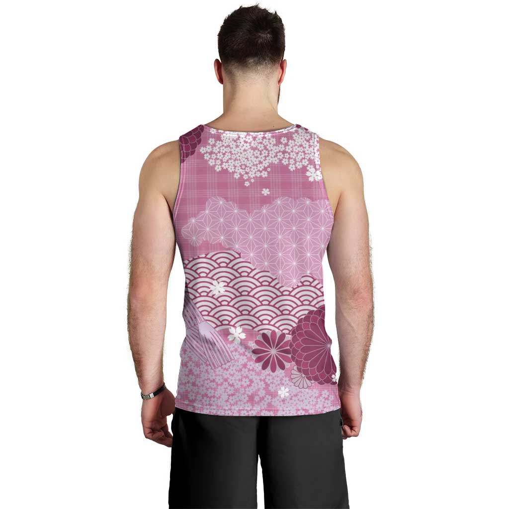 Pink Palaka Japanese Patterns Men Tank Top Asanoha Seigaiha Sakura Motif - Polynesian Pride
