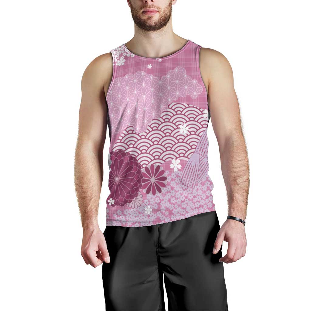 Pink Palaka Japanese Patterns Men Tank Top Asanoha Seigaiha Sakura Motif - Polynesian Pride