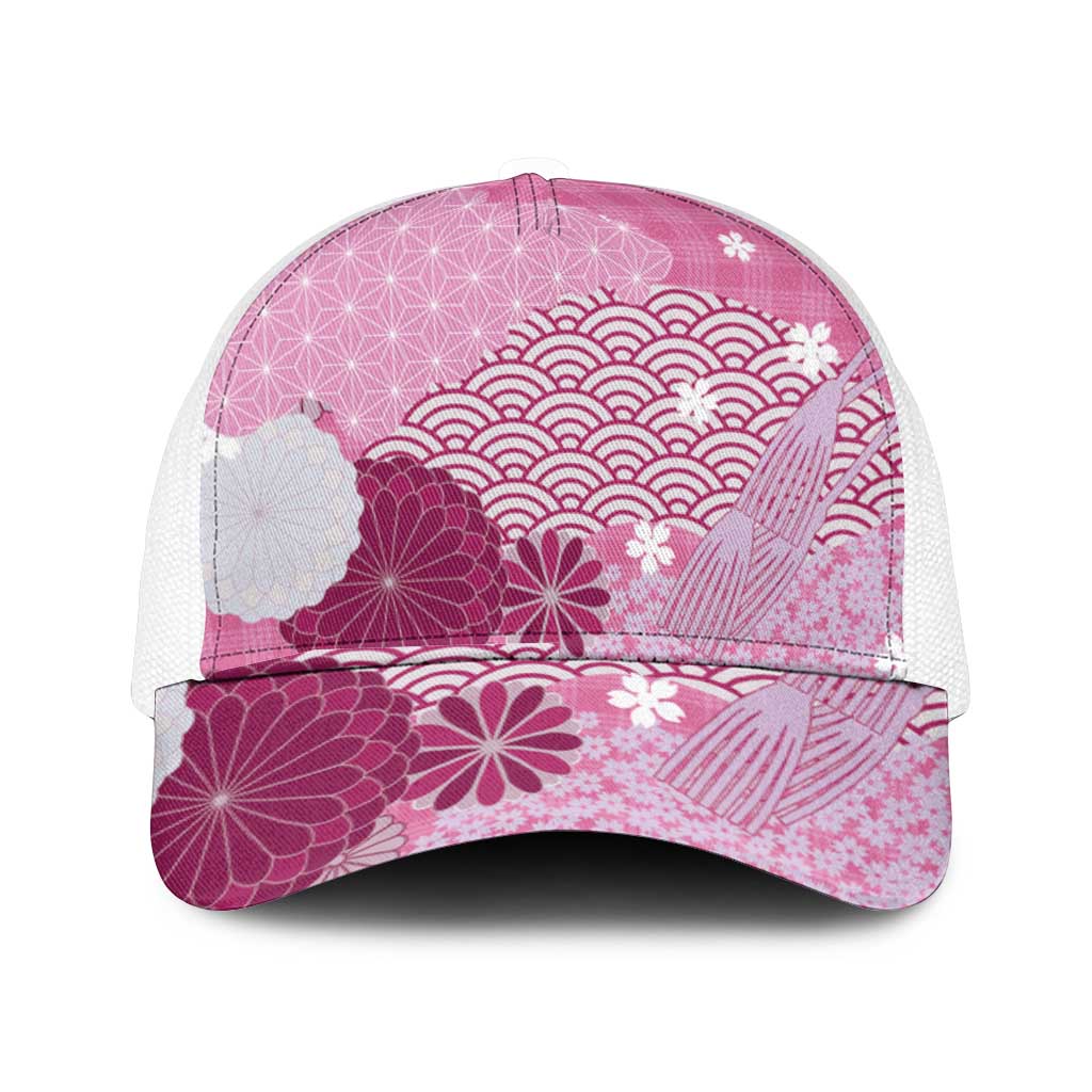 Pink Japanese Traditional Motifs Mesh Trucker Cap Palaka With Asanoha Seigaiha Sakura - Polynesian Pride