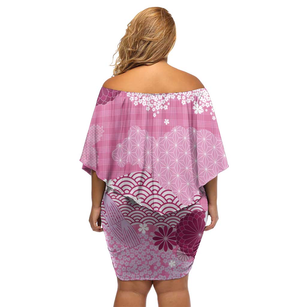 Pink Palaka Japanese Patterns Off Shoulder Short Dress Asanoha Seigaiha Sakura Motif - Polynesian Pride