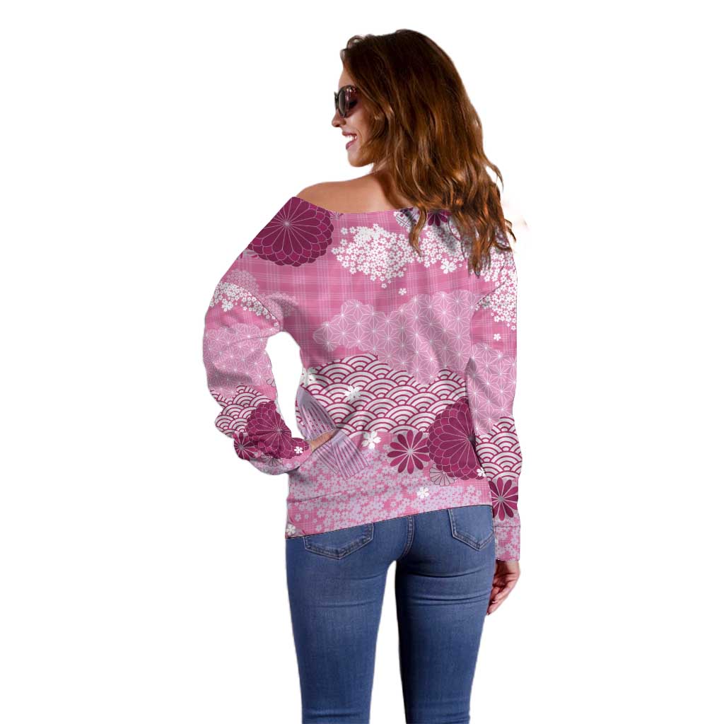 Pink Palaka Japanese Patterns Off Shoulder Sweater Asanoha Seigaiha Sakura Motif - Polynesian Pride