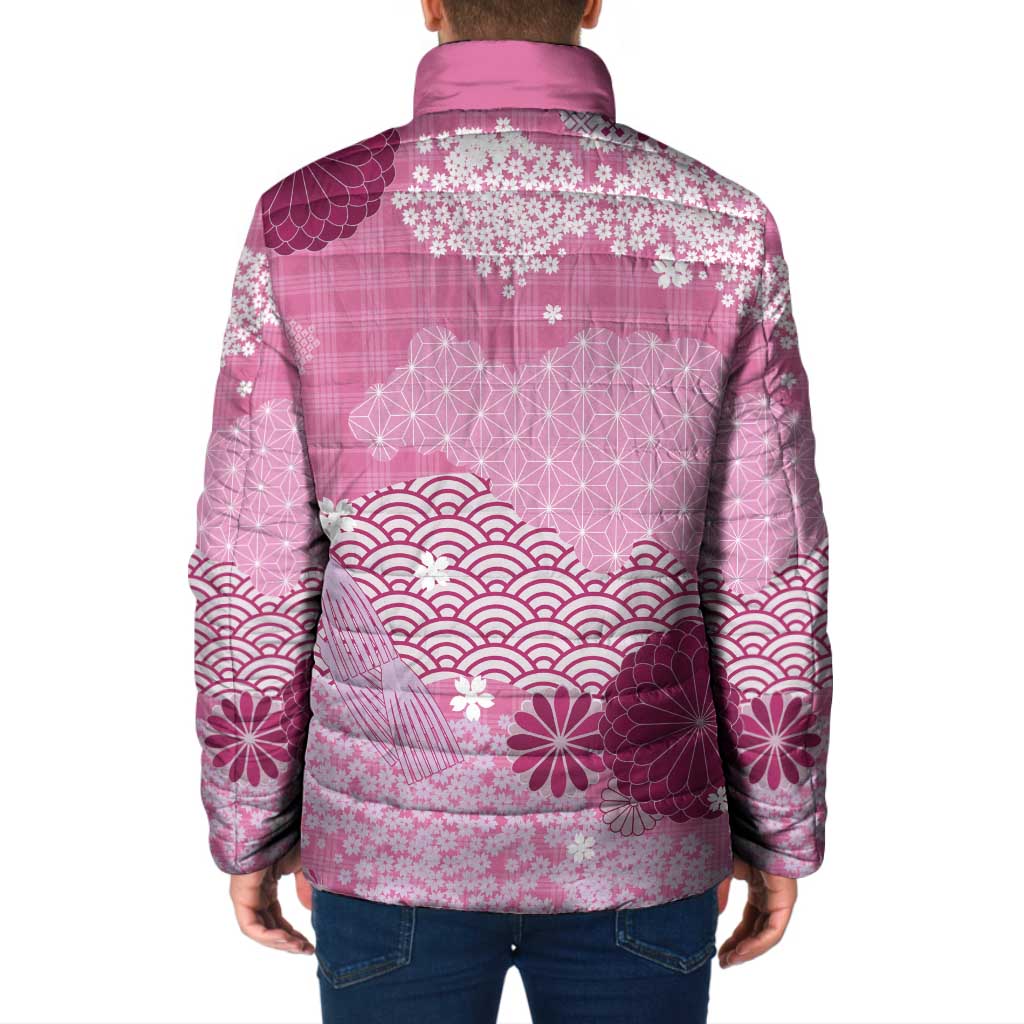 Pink Palaka Japanese Patterns Padded Jacket Asanoha Seigaiha Sakura Motif - Polynesian Pride