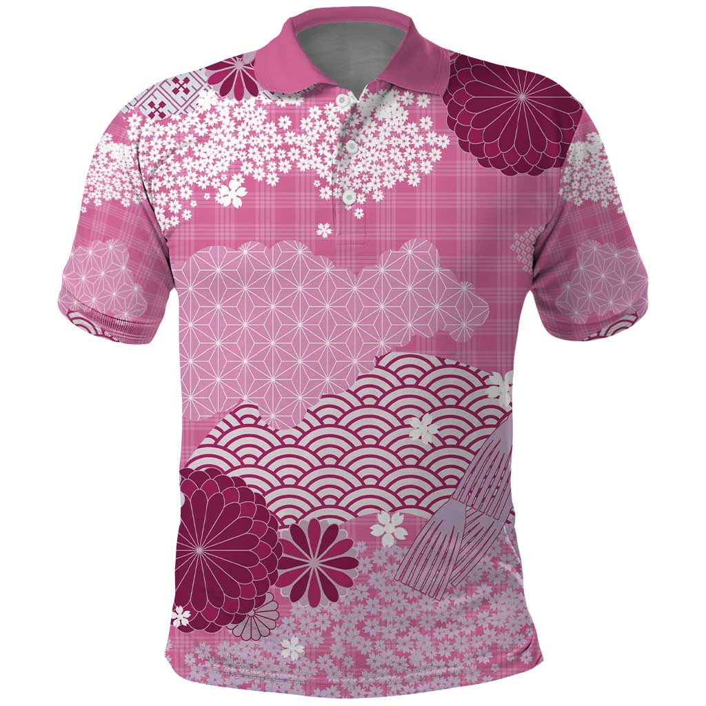 Pink Palaka Japanese Patterns Polo Shirt Asanoha Seigaiha Sakura Motif - Polynesian Pride