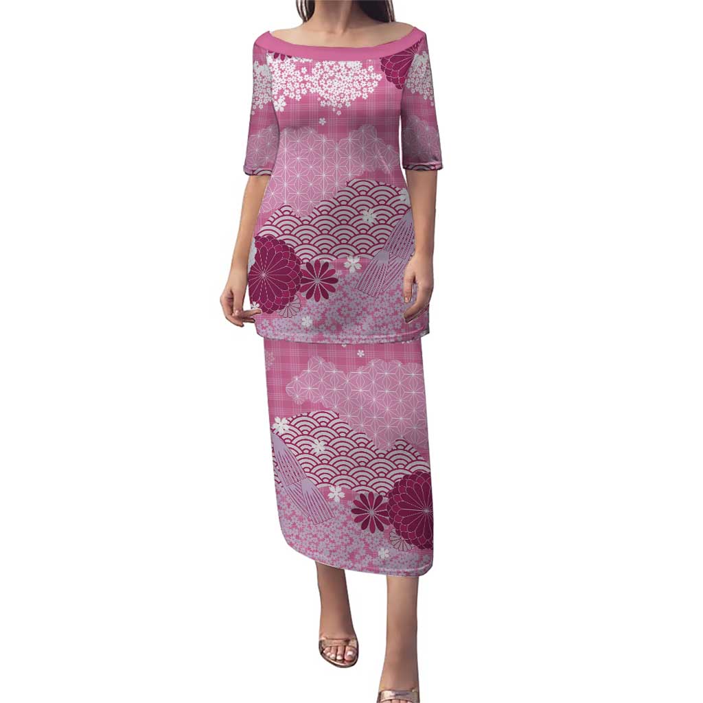 Pink Palaka Japanese Patterns Puletasi Asanoha Seigaiha Sakura Motif LT14 Long Dress Pink - Polynesian Pride