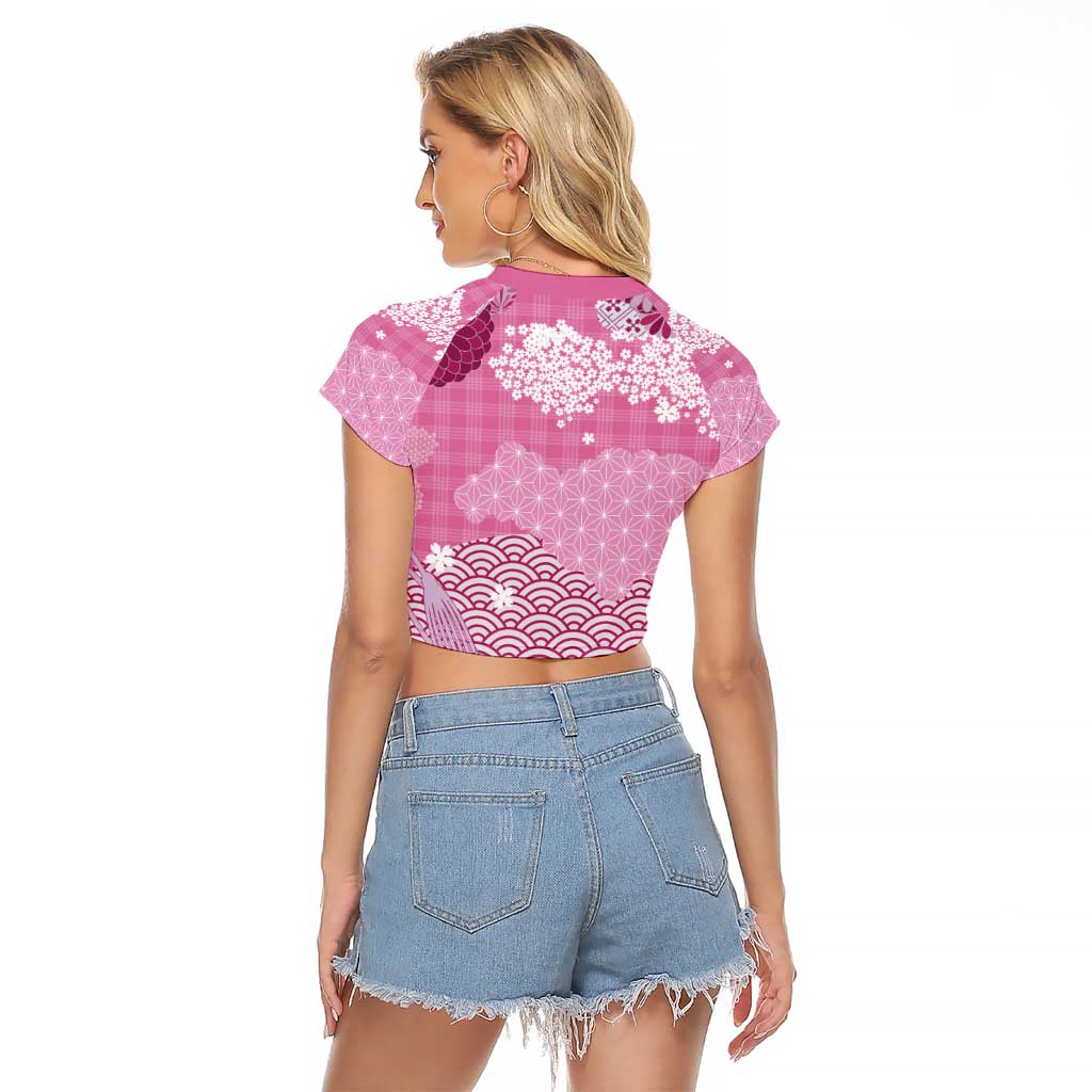 Pink Palaka Japanese Patterns Raglan Cropped T Shirt Asanoha Seigaiha Sakura Motif - Polynesian Pride
