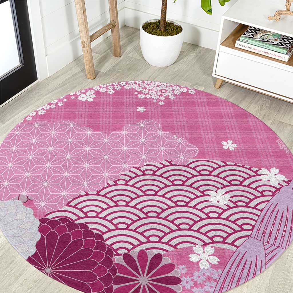 Pink Palaka Japanese Patterns Round Carpet Asanoha Seigaiha Sakura Motif - Polynesian Pride