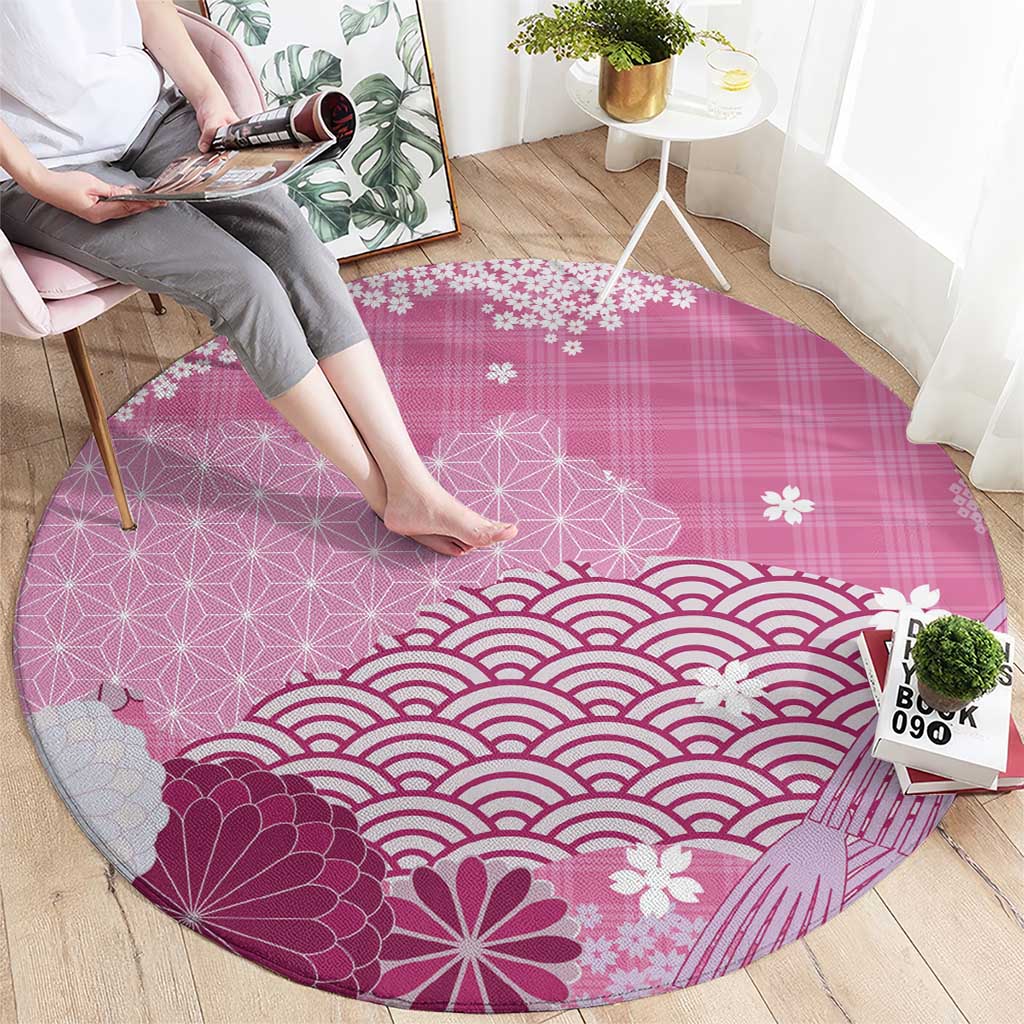 Pink Palaka Japanese Patterns Round Carpet Asanoha Seigaiha Sakura Motif LT14 - Polynesian Pride