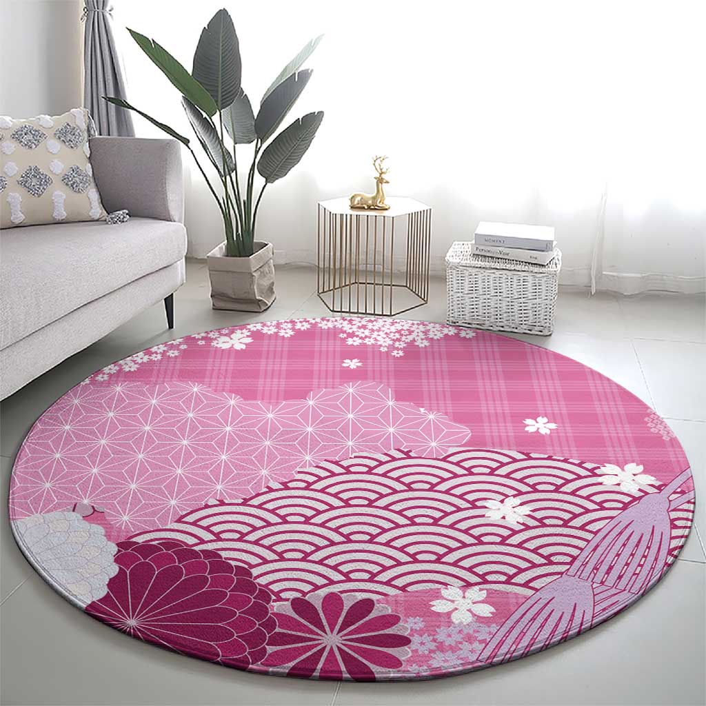 Pink Palaka Japanese Patterns Round Carpet Asanoha Seigaiha Sakura Motif LT14 - Polynesian Pride