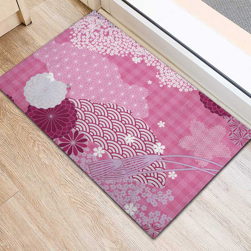 Pink Palaka Japanese Patterns Rubber Doormat Asanoha Seigaiha Sakura Motif - Polynesian Pride