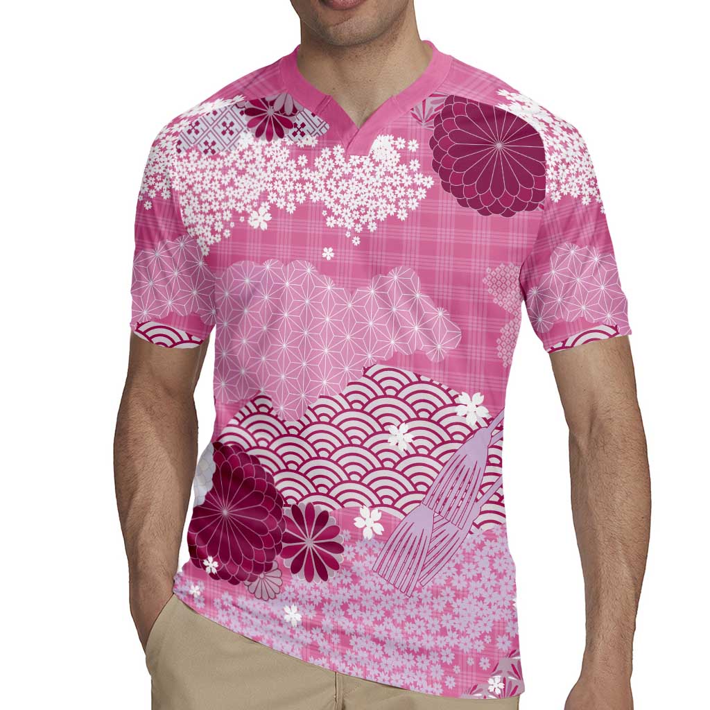 Pink Palaka Japanese Patterns Rugby Jersey Asanoha Seigaiha Sakura Motif - Polynesian Pride