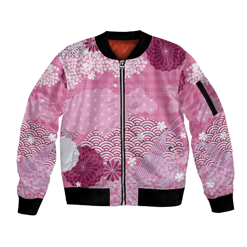 Pink Palaka Japanese Patterns Sleeve Zip Bomber Jacket Asanoha Seigaiha Sakura Motif LT14 Unisex Pink - Polynesian Pride