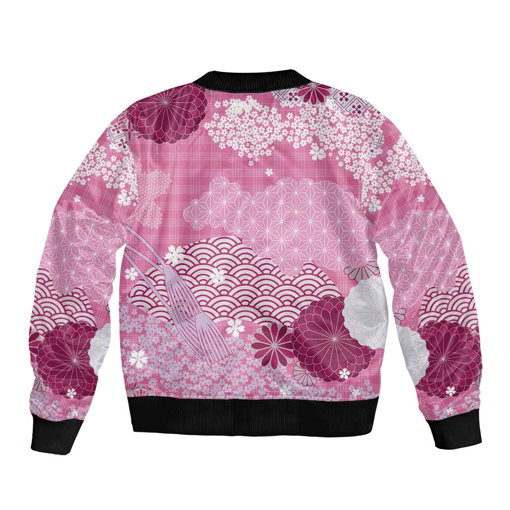 Pink Palaka Japanese Patterns Sleeve Zip Bomber Jacket Asanoha Seigaiha Sakura Motif LT14 - Polynesian Pride